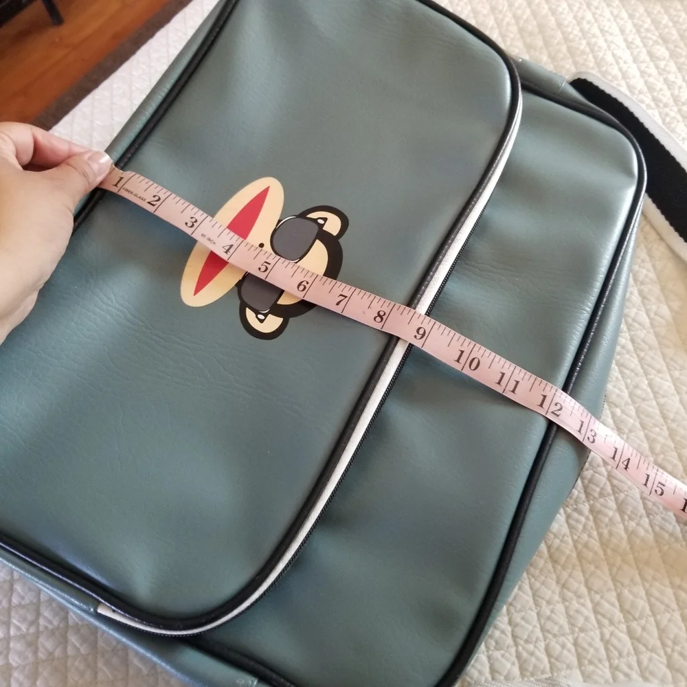 Paul Frank Teal Faux Leather Laptop Bag with Striped Strap and Monkey Motif